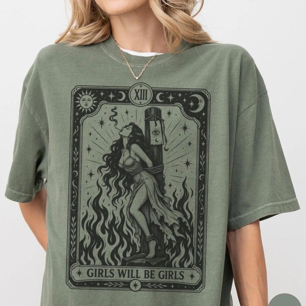 Girls Will Be Girls Witch Shirt, S Feminist Halloween Tee, Tarot Graphic